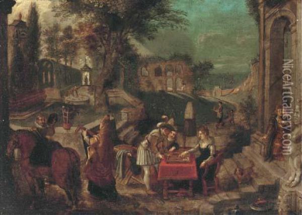 An Extensive Italianate Landscape Of A Country House Garden Withroman Ruins Oil Painting - Sebastien Vrancx