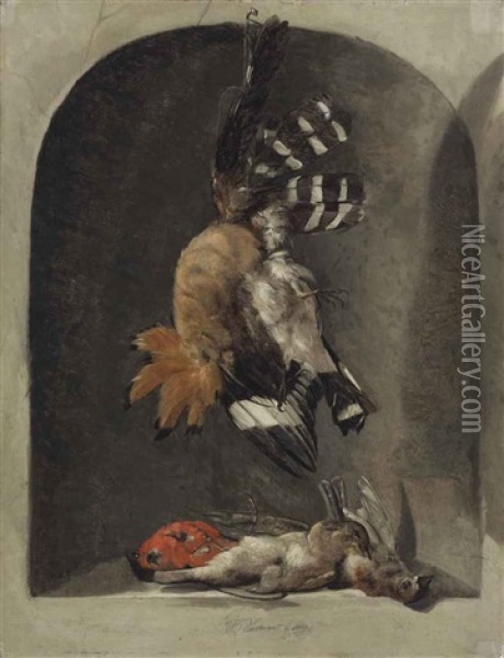 De A Hoopoe And Finches In A Carved Stone Niche Oil Painting - Jacques Grief De Claeuw