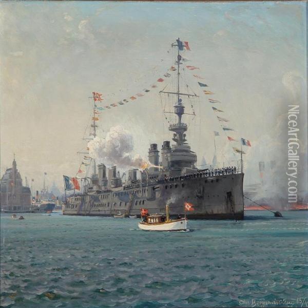Harbour Scene From Copenhagen With A French Warship Oil Painting - Christian Benjamin Olsen