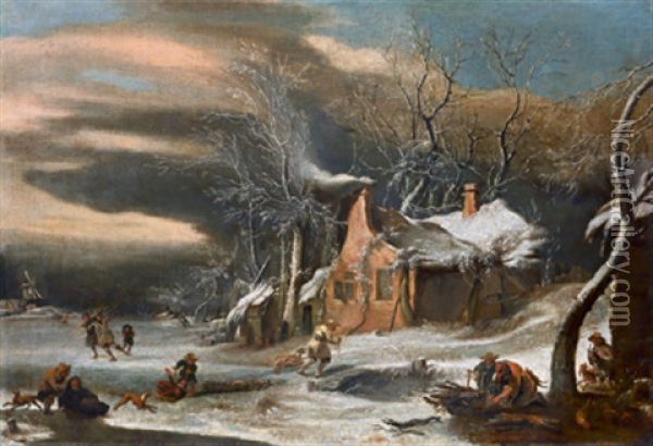 Hollandische Winterlandschaft Mit Eislaufern Oil Painting - Jan Peter van Bredael the Elder