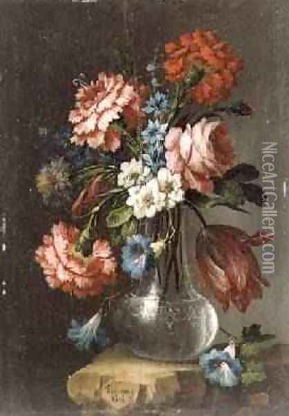 Roses Tulips Convolvuli and other flowers in a glass vase Oil Painting - Giacomo Nani