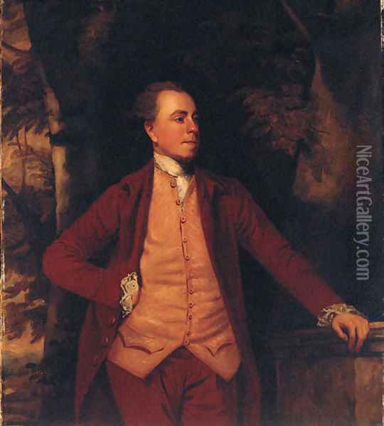 Portrait of Richard Crofts, three-quarter-length, in a dark red coat and breeches, and striped waistcoat, his left hand resting on a plinth Oil Painting - Sir Joshua Reynolds