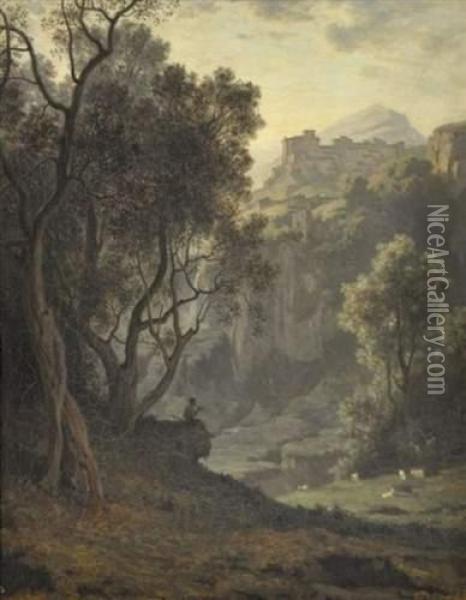 Paysage De Montagnes Et Berger Jouant De La Flute. Oil Painting - Alfred P. De Curzon
