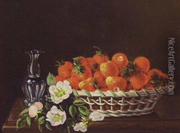Still Life Of A Basket Of Strawberries And A Cut Glass Vase Oil Painting - Ennemond Ferrand