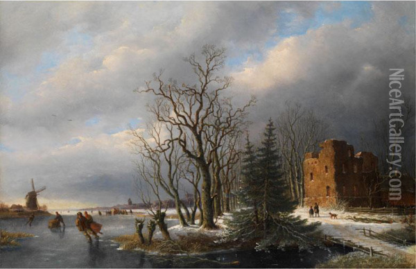 Hollandische Winterlandschaft Mit Schlittschuhlaufern, Eichenallee, Ruine Und Einer Windmuhle Oil Painting - H. De Mejier