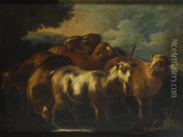 Par De Paisajes Con Ovejas Y Cabras Oil Painting - Domenico Brandi