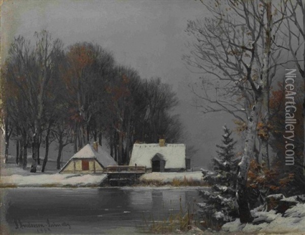 Winterlandschaft Mit Hausern Am Wehr Oil Painting - Anders Andersen-Lundby