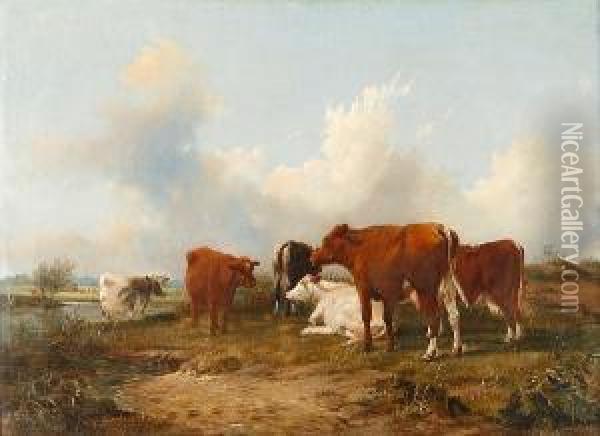 Cattle By A River Oil Painting - J. Duvall