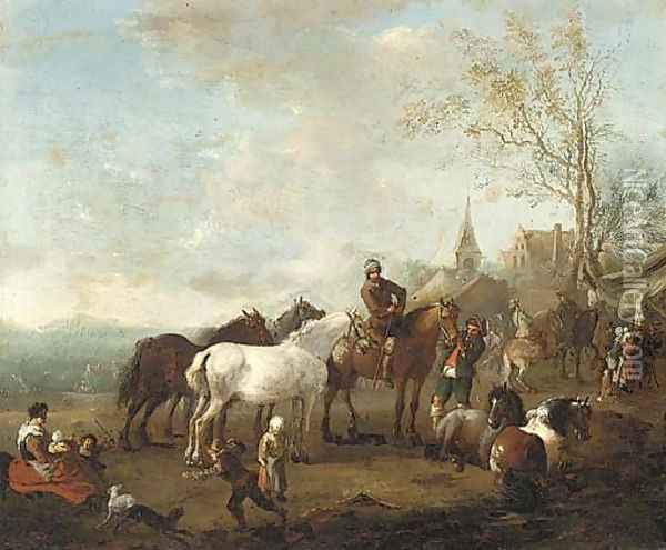 Figures and horses in a landscape Oil Painting - Carel van Falens or Valens