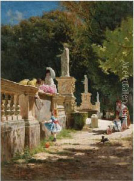 In The Gardens Of The Villa Borghese Oil Painting - Aurelio Tiratelli