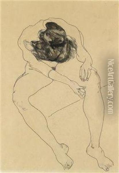 Seated Female Nude Seen From Above Oil Painting - Egon Schiele