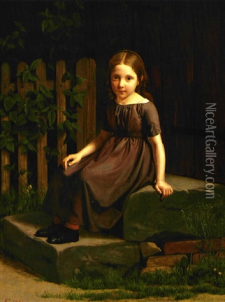 Lille Pige I Lyslilla Kjole Siddende Pa En Stentrappe Oil Painting - Johann Julius Exner