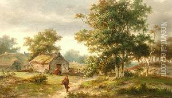 Figures By Cottages In A Woodland Clearing Oil Painting - Charles Bousquet
