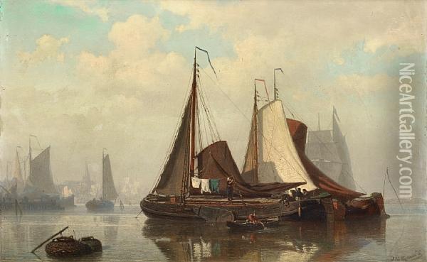 An Estuary Scene With Barges At Anchor Oil Painting - Johan Conrad Greive