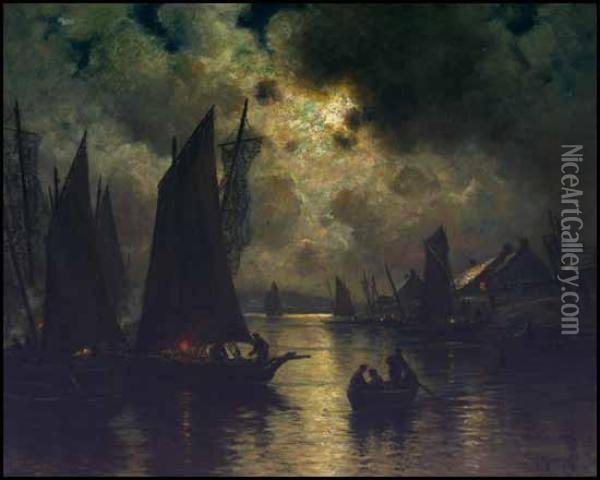 Fishing Boats At Night Oil Painting - Georges Philibert Charles Marionez