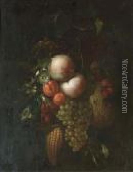 Peaches, Grapes On The Vine, 
Berries, Corn, A Melon, Apricots Andflowers Hanging In A Bunch Oil Painting - Ernst Stuven
