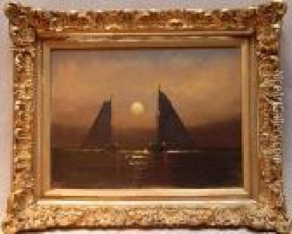 Sailboats On Moonlit Sea Oil Painting - Thomas Moran