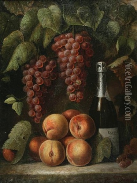 Still Life With Grapes, Peaches And A Bottle Of Wine Oil Painting - Richard La Barre Goodwin