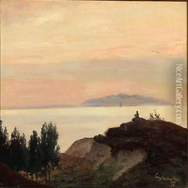 A Painter On A Hilltop Near Engelholm, Sunset Oil Painting - Anton Erik Ch. Thorenfeld