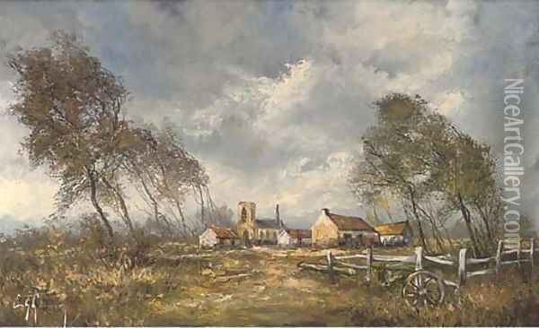 A rustic landscape, with a church and buildings beyond Oil Painting - Continental School