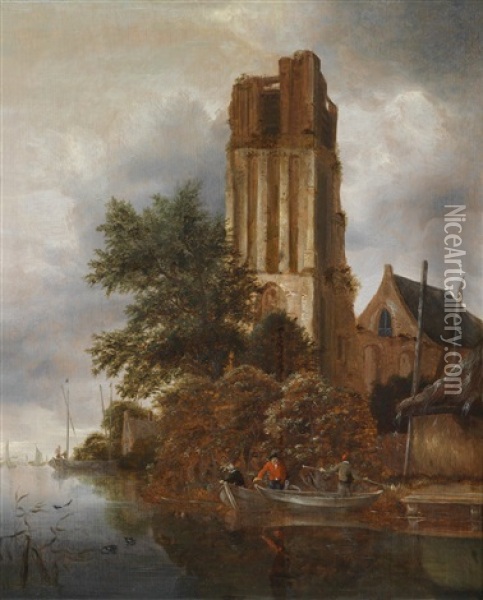 Flusslandschaft Mit Einem Fischer Vor Einer Kirchenruine Oil Painting - Michel van Vries