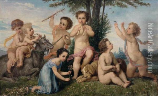 Jeune Fille Et Putti Dans Un Paysage Oil Painting - Henri Pierre Picou
