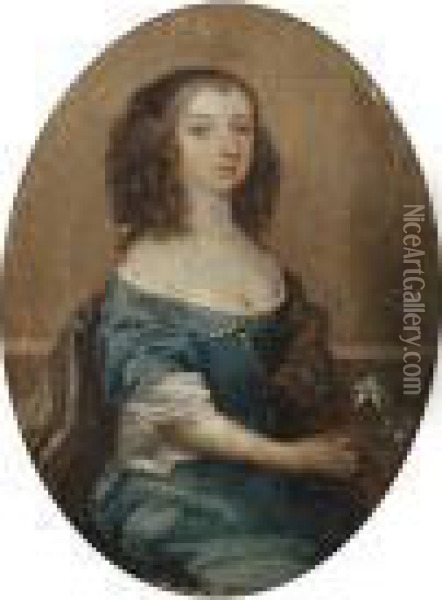 Portrait Of A Lady, Seated, In A Blue Dress Holding A Flower Oil Painting - Sir Peter Lely