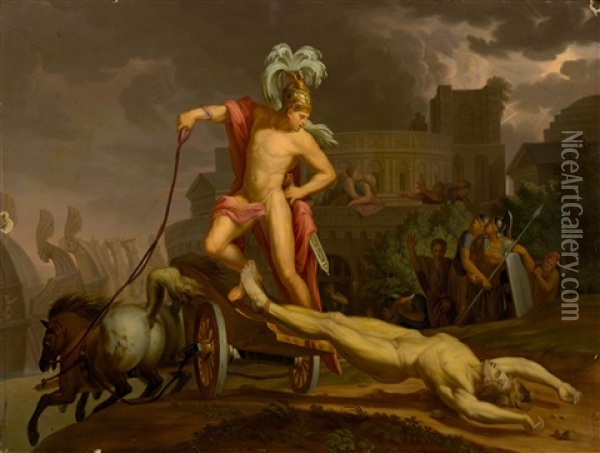 Achilles Drags The Corpse Of Hector To The Greek Camp Oil Painting - Franz Sales Lochbihler