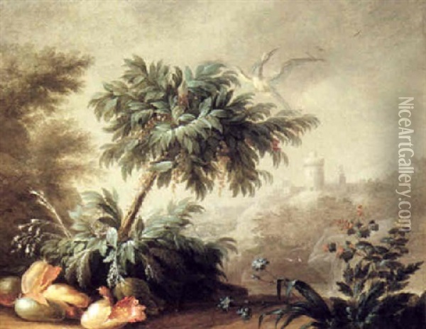 Capriccio Landscape With Exotic Plants And A Distant Castle Oil Painting - Jean Baptiste Pillement