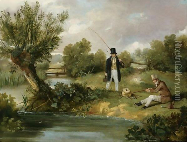 Two Gentlemen Fishing By A Stream Oil Painting - Samuel John Egbert Jones