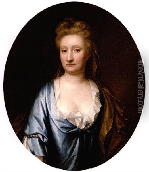 Portrait Of Mrs. Mostyn Wearing A Blue Silk Dress And A Gold Veil Oil Painting - Michael Dahl