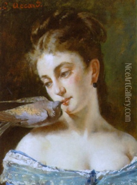 Portraet Af Ung Kvinde Med Due Oil Painting - Eugene Accard