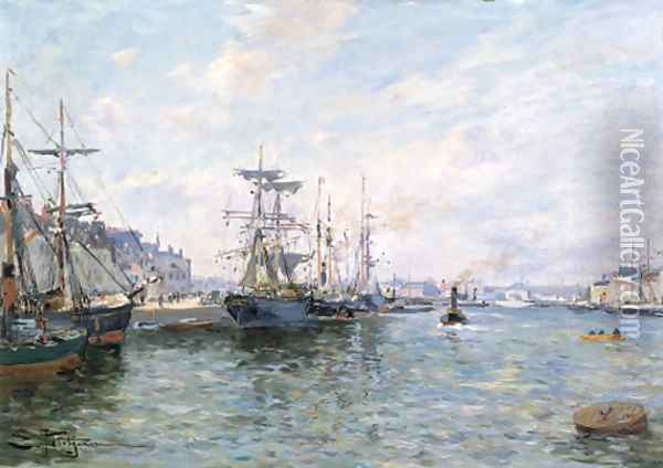 Ships in a Port Oil Painting - Edmond Marie Petitjean