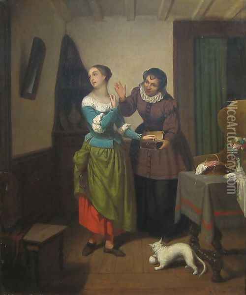 Interior with Young Girl who is Trying on Jewellery Oil Painting - Richard Edmund Flatters
