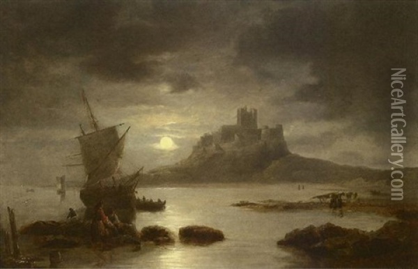 Bamburgh Castle By Moonlight, With Figures And Boats In The Foreground Oil Painting - John Wilson Carmichael