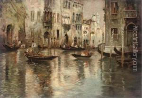 A Busy Backwater, Venice Oil Painting - Ferdinando Silvani
