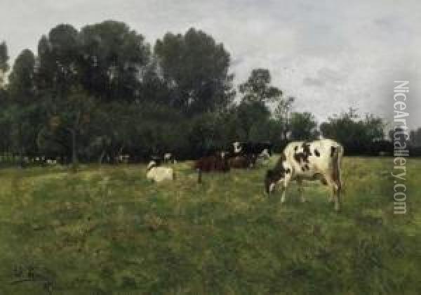 Cattle In The Willows On The 
Edge Of The Forest. Signed And Dated Lower Left: Ad. Lins 95 Oil Painting - Adolf Lins