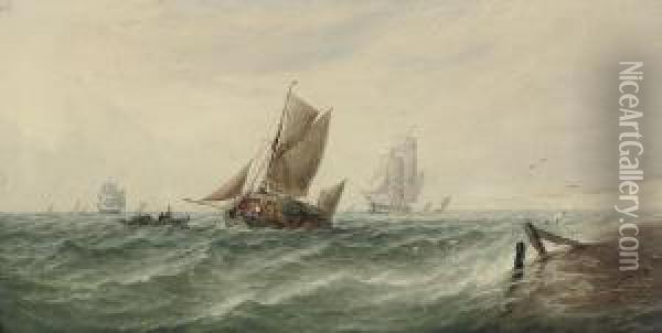 A Loaded Hay Barge And Other Shipping In Choppy Waters Off The White Cliffs Of Dover Oil Painting - Thomas Sewell Robins