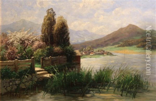 A Garden At River's Edge With Mountains In The Distance Oil Painting - Theodor Her