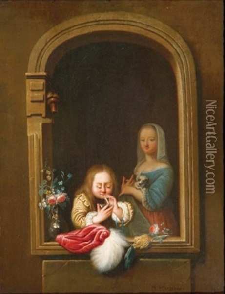 A Boy In A Window Blowing Bubbles, A Girl With A Dog In Her Arms Behind Oil Painting - Frans van Mieris the Elder