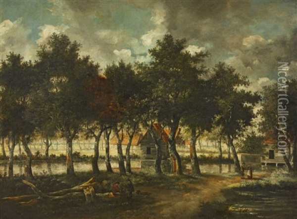 A Wooded Landscape With Houses By A Canal Oil Painting - Meindert Hobbema