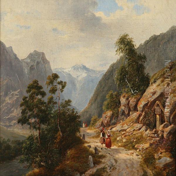 Mountain Road With People Close To A Road Altar Oil Painting - Johann-Hermann Carmiencke