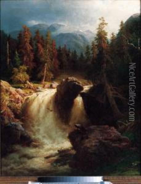 A Waterfall In A Mountainous Wooded Landscape Oil Painting - Wilhelm Brandenburg