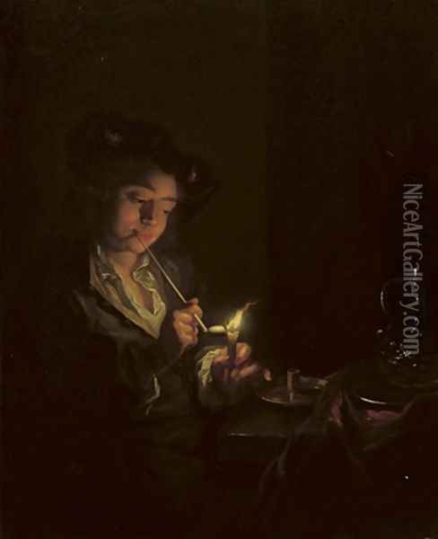 A candlelit interior with a young man seated at a table, lighting his pipe Oil Painting - Arnold Boonen