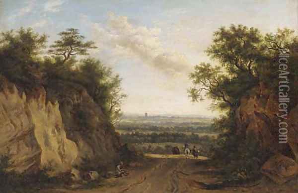 Figures on a path in an extensive landscape Oil Painting - Patrick Nasmyth