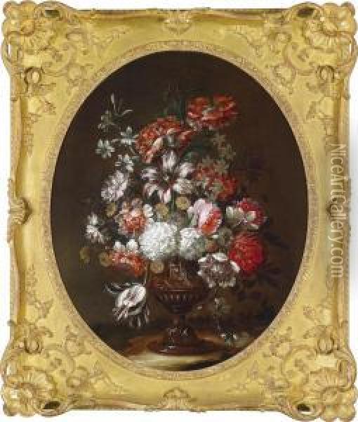 A Still Life With Flowers In A Sculptedvase Oil Painting - Jean Baptiste Belin de Fontenay