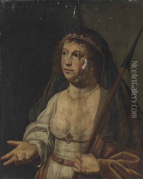 Portrait Of A Lady As Minerva, Half-length, In A White Dress, Pearl Headdress And A Veil, A Spear In Her Left Hand Oil Painting - Jan Van Bijlert