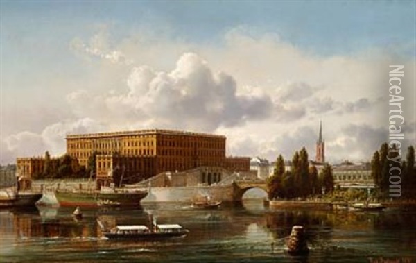 Parti Af Stockholms Slot Med Ridderholmens Kirke Og Ridderhuset I Baggrunden. Oil Painting - Ferdinand Richardt