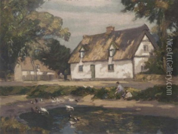 The Village Duck Pond, Dalham, Suffolk Oil Painting - Augustus William Enness