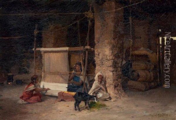 Le Tissage En Famille The Weaving In Family Oil Painting - Eugene Alexis Girardet